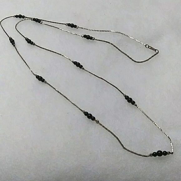 Jewelry - Vintage Korea silvertone‎ black beaded necklace